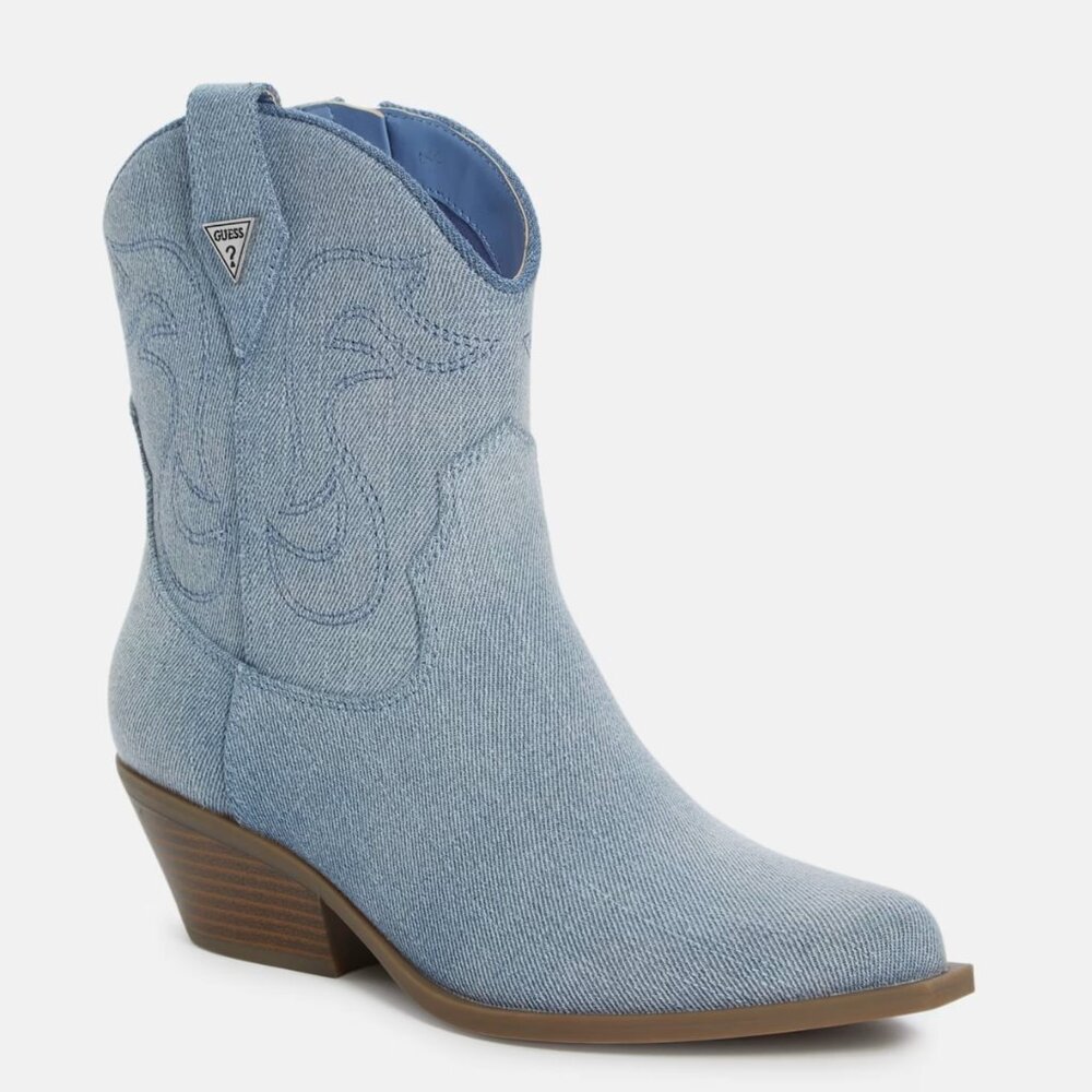 NEW GUESS Daleton Denim Cowboy Booties Triangle Logo Blue